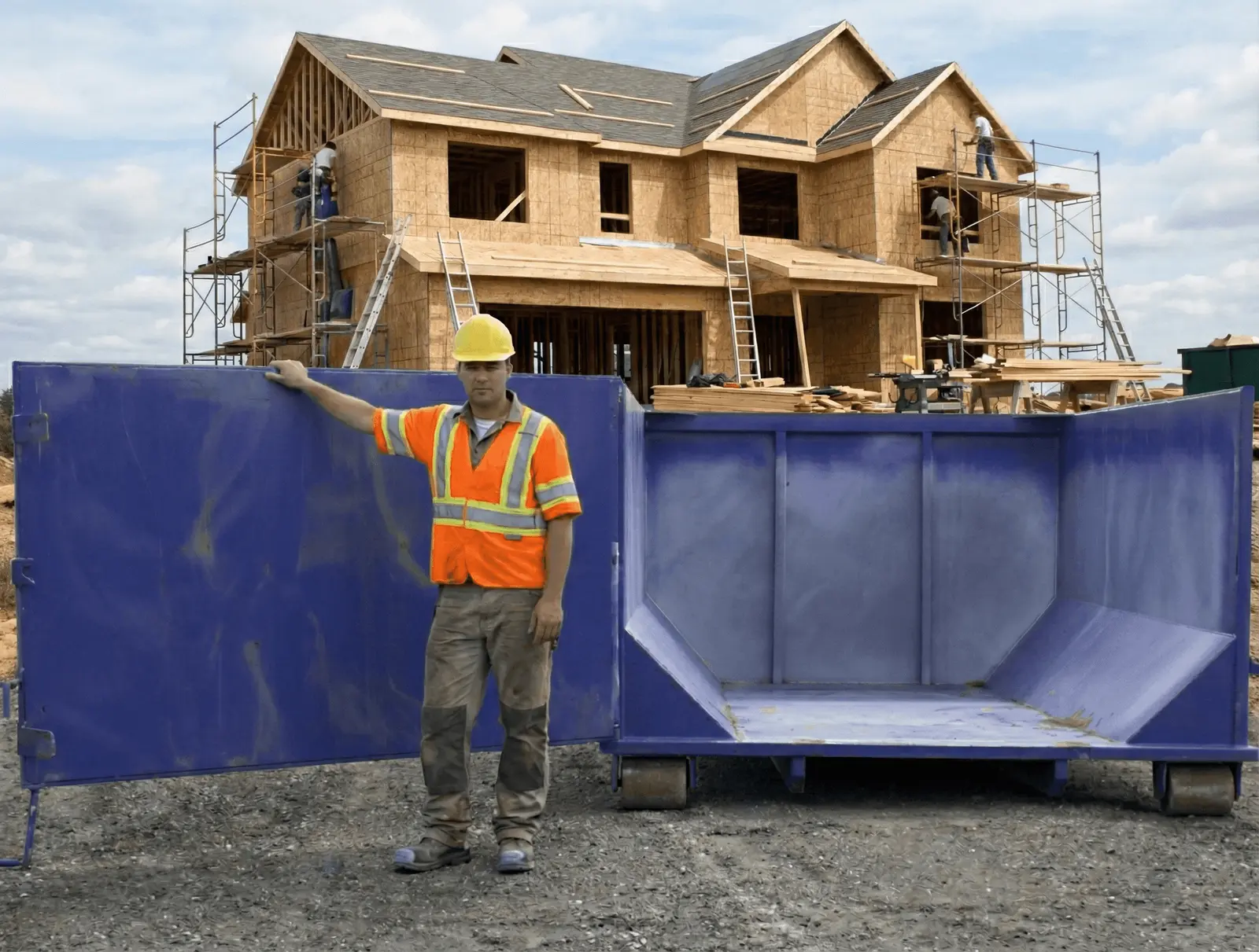 Open roll-off container at construction site for efficient waste management and debris disposal